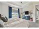 Comfortable main bedroom featuring plush carpet, a tray ceiling, and an ensuite bathroom for ultimate convenience at 8192 Ivy Stark Blvd, Wesley Chapel, FL 33545