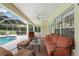 Relaxing screened-in patio with comfortable seating and views of the pool and lush backyard at 9830 Caribou Trl, Dade City, FL 33525