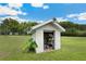 Outdoor storage shed for tools and equipment on well-maintained lawn with lush landscaping at 9830 Caribou Trl, Dade City, FL 33525