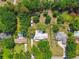 Aerial view showcases this home's landscaping, and backyard swimming pool at 17801 Simmons Rd, Lutz, FL 33548