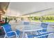 Spacious covered patio with table, chairs, and view of the lawn at 17801 Simmons Rd, Lutz, FL 33548