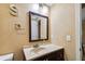 Bathroom features a vanity with modern fixtures, a mirror, and textured walls at 3414 Whittier St, Tampa, FL 33619