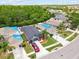 An aerial view of a charming single-Gathering home with a dark roof and manicured lawn in a residential neighborhood at 18516 Snowdonia Dr, Land O Lakes, FL 34638