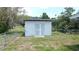 Outbuilding with gray and blue paint, chain link fence surround, located in a grassy yard at 38535 Clinton Ave, Dade City, FL 33525