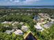 Community aerial view with homes with pools nestled amongst trees with lake view at 3910 Saywood Ct, Palm Harbor, FL 34685