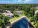 Aerial shot showcases home with screened pool overlooking a serene lake at 3910 Saywood Ct, Palm Harbor, FL 34685