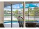 View of the pool and lake from inside the screened-in patio at 3925 Dunaire Dr, Valrico, FL 33596