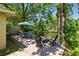 Outdoor deck featuring dining table, chairs, umbrella and a peaceful view of lush greenery at 4419 Longshore Dr, Land O Lakes, FL 34639