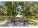 Scenic view of a calm pond surrounded by lush trees, as seen from a bench on a sandy bank at 4419 Longshore Dr, Land O Lakes, FL 34639