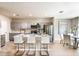 Kitchen boasts stainless steel appliances, gray cabinets, and a functional island that flows into the dining room at 12842 Canter Call Rd, Lithia, FL 33547