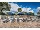 Lounge chairs with umbrellas on pool deck with greenery in background at 1516 E Lake Woodlands Pkwy, Oldsmar, FL 34677