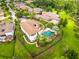 Aerial shot highlighting a private backyard oasis with a pool, spa, lush greenery, and a charming fenced perimeter at 17301 Ladera Estates Blvd, Lutz, FL 33548
