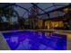 Evening view of the screened pool with outdoor lighting and lush landscaping at 11606 Quiet Forest Dr, Tampa, FL 33635