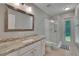 Bathroom with granite counter, framed mirror and glass enclosed walk-in shower at 16367 Ashington Park Dr, Tampa, FL 33647