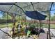 Screened lanai with beautiful rock garden, fish pond, and umbrella at 16367 Ashington Park Dr, Tampa, FL 33647
