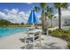 Resort-style pool area with seating, umbrellas, and lush landscaping offers a perfect spot for relaxation and recreation at 19183 Coastal Shore Ter, Land O Lakes, FL 34638