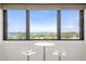 Scenic view of the water and golf course visible through a modern sitting area with bar stools at 2620 Cove Cay Dr # 704, Clearwater, FL 33760