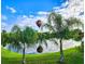 Scenic backyard view of a colorful hot air balloon and pond framed by palm trees on a sunny day at 31747 Loch Aline Dr, Wesley Chapel, FL 33545
