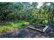 Charming backyard featuring a fire pit with bench seating, surrounded by lush, natural landscaping at 4962 Turtle Creek Trl, Oldsmar, FL 34677