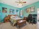 Bright bedroom with blue walls, tropical decor and a ceiling fan at 5100 Lockhart Rd, Brooksville, FL 34602