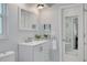 Bathroom with modern vanity, updated fixtures, mirror, and decorative plant at 1263 Overcash Dr, Dunedin, FL 34698