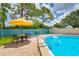 A sun-soaked pool-side scene, complete with an umbrella table and plenty of seating for relaxation at 255 114Th N Ave # 4, St Petersburg, FL 33716
