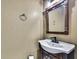 Bathroom features a modern sink with a dark wood cabinet and decorative mirror at 27338 Elkwood Cir, Wesley Chapel, FL 33544