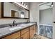 Bathroom with double sinks, wood cabinets, and granite countertops at 27338 Elkwood Cir, Wesley Chapel, FL 33544
