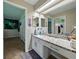 Bathroom featuring a granite countertop vanity, complemented by a large mirror and wood-look flooring at 3909 Valrico Grove Dr, Valrico, FL 33594