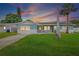 Charming blue single-story home featuring a well-manicured lawn and complemented by two palm trees at sunset at 4230 Indianapolis Ne St, St Petersburg, FL 33703