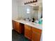 Bathroom featuring double sinks with wooden cabinets and a large mirror at 439 Corbett Rd, Lithia, FL 33547