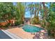 Tropical backyard oasis with a sparkling pool, lush foliage, and a charming cabana at 506 S Melville Ave, Tampa, FL 33606