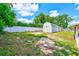 Spacious backyard featuring a storage shed, partial grass, and a concrete pad at 521 E Lumsden Rd, Brandon, FL 33511