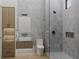 A contemporary bathroom with a walk-in shower, floating vanity, and elegant gray tile at 944 31St Ne Ter, St Petersburg, FL 33704