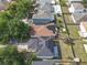 Aerial view of the homes with solar panels plus mature landscaping, a patio, and backyard amenities at 10337 River Bream Dr, Riverview, FL 33569