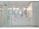 Bright bathroom with double sink vanity, gold fixtures, and a glass-enclosed shower at 1603 Scotch Pine Dr, Brandon, FL 33511