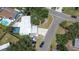 Aerial view of home showcasing backyard pool, patio, and proximity to the road at 489 Fox Run Trl, Apollo Beach, FL 33572