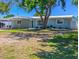 Single-story home featuring a carport, a tree in the front yard, and a blue exterior at 489 Fox Run Trl, Apollo Beach, FL 33572