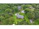Overhead view of the property's house, lush lawn, established trees, and convenient shed on-site at 5933 Carina Trce, Wesley Chapel, FL 33545