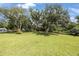Spacious backyard with healthy lawn, trees, and storage shed at 5933 Carina Trce, Wesley Chapel, FL 33545