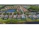 An aerial view showcases screened-in pools and backyards with lake views in a residential community at 8223 Haven Harbour Way, Bradenton, FL 34212