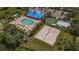 Aerial view of the pool, clubhouse, volleyball court, and shuffleboard area with palm trees at 8223 Haven Harbour Way, Bradenton, FL 34212