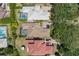 Aerial view showcasing the roof lines, driveways, and backyard pools of neighboring properties at 8708 Laurel N Dr, Pinellas Park, FL 33782