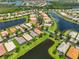 Beautiful aerial view of a lakefront community, showcasing lush greenery and stunning waterfront homes at 16227 Cape Coral Dr, Wimauma, FL 33598