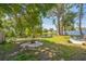 Backyard with view of lake, fire pit, and fence at 12838 Tallowood Dr, Riverview, FL 33579