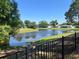 Beautiful pond view with a wrought iron fence, mature trees, and well-maintained community landscaping at 12838 Tallowood Dr, Riverview, FL 33579
