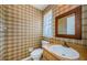 Bathroom featuring plaid wallpaper, a vanity sink with storage, and a toilet at 1648 Concord St, Dunedin, FL 34698