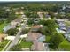Aerial view of homes with screened-in pools nestled among mature trees near a tranquil lake at 18518 Bittern Ave, Lutz, FL 33558