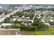 Aerial view of property with green space, proximity to shops and main roads; arrow points to the home at 2174 62Nd N St, Clearwater, FL 33760