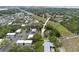Aerial view of property with green space, proximity to shops and main roads; arrow points to the home at 2174 62Nd N St, Clearwater, FL 33760